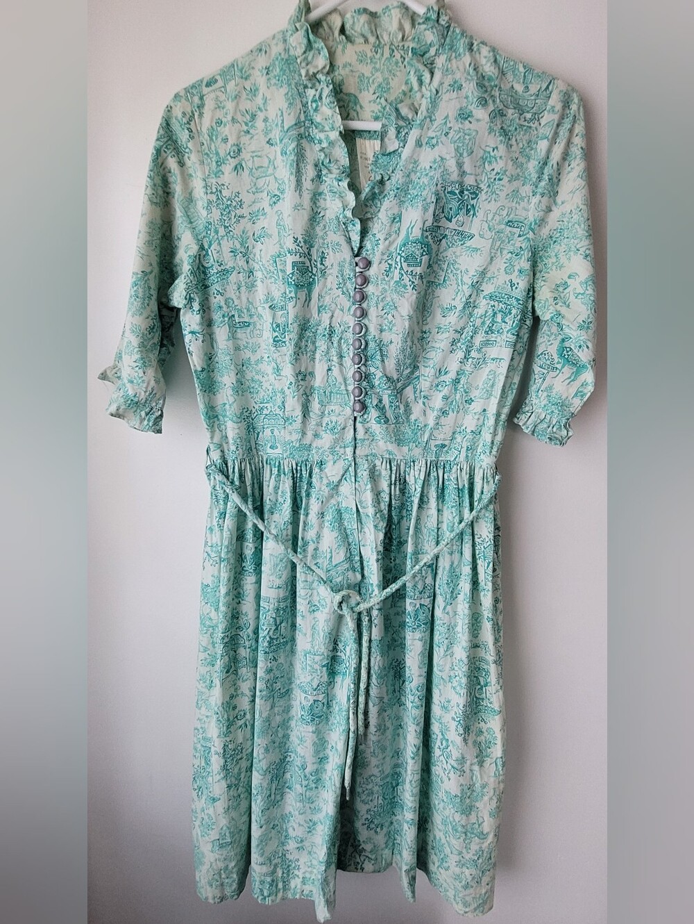 Vintage Sears Women Green Teal Botanical Button-Front Dress Size 14